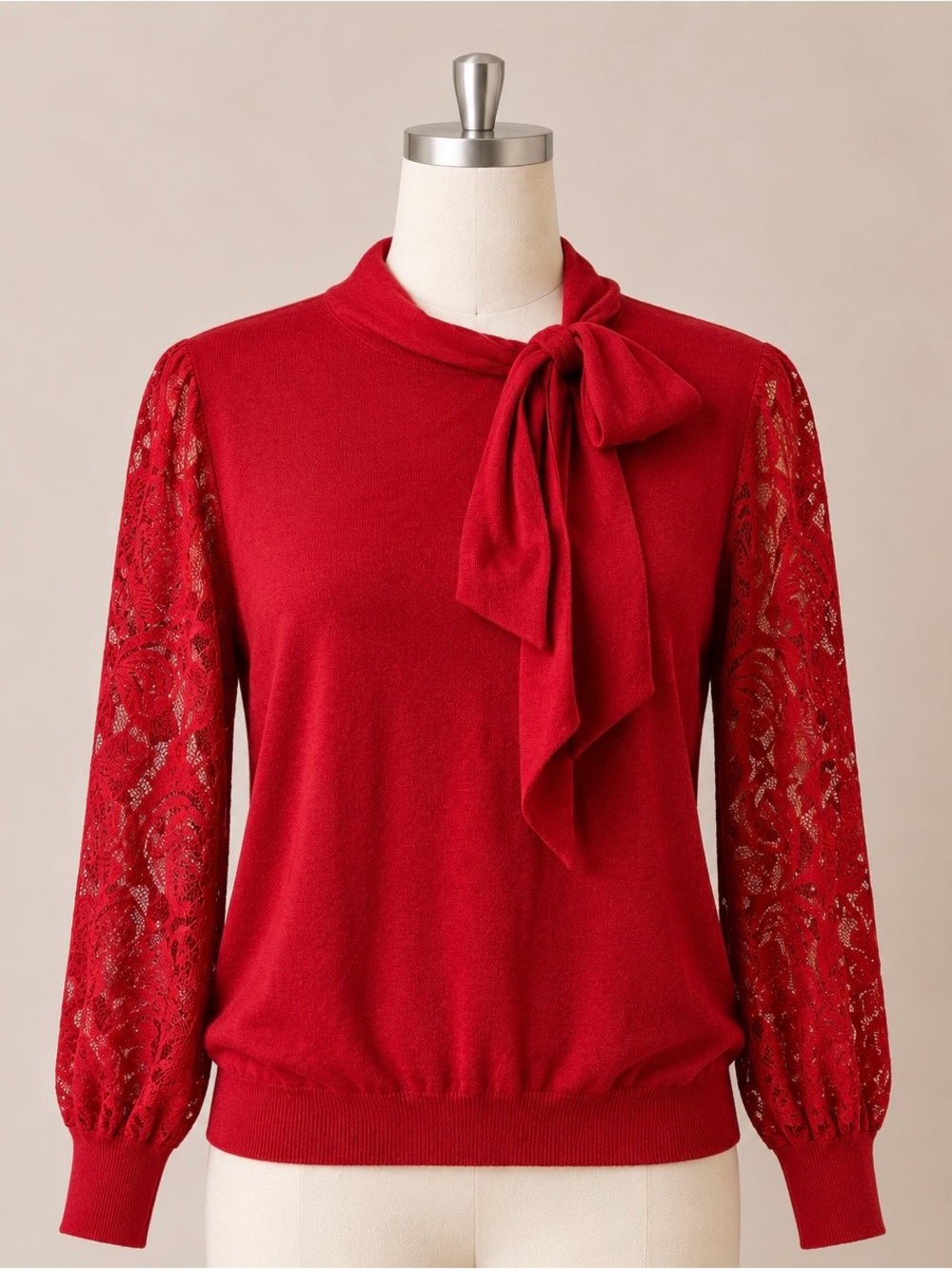 Liz Claiborne Women’s L Red Tie Neck Sweater Lace Sleeve Holiday Pullover